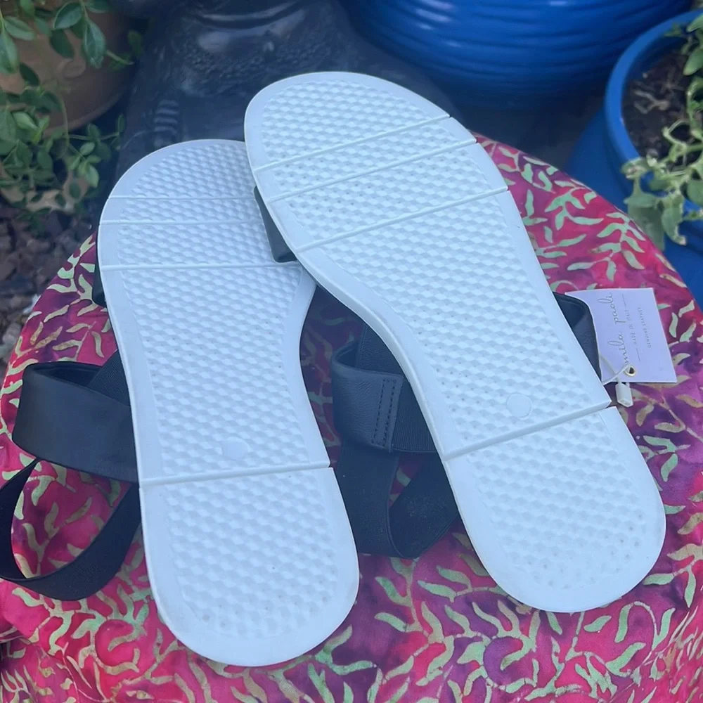 New Black Leather Strappy Slip On Cushion Sandals - Picture 9 of 15